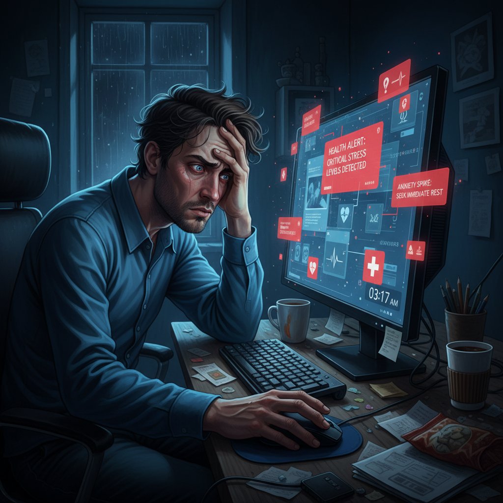 Osoba siedząca przy komputerze z wyraźnym napięciem na twarzy, otoczona powiadomieniami i alertami zdrowotnymi