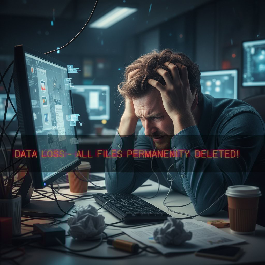 Zestresowana osoba patrząca na pusty ekran komputera w urzędzie, zagubione dane, frustracja, cyfrowa pułapka