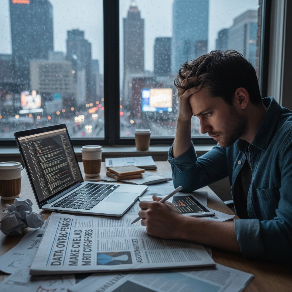 Osoba analizuje wyniki badań przekrojowych na tle wykresów i gazet
