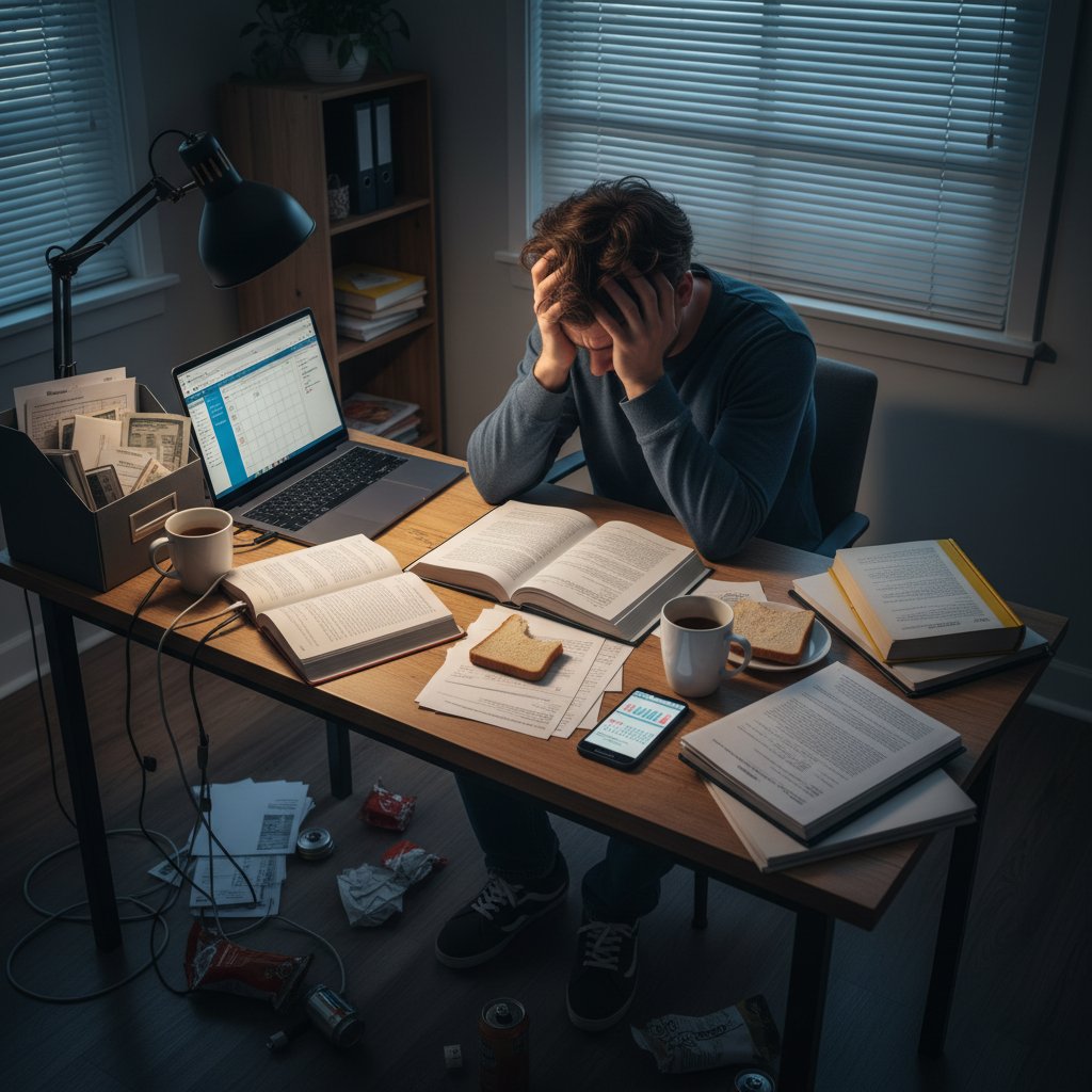 Stres w codziennym życiu, młoda osoba z głową opartą o dłonie przy biurku, otoczona rzeczami codziennego użytku