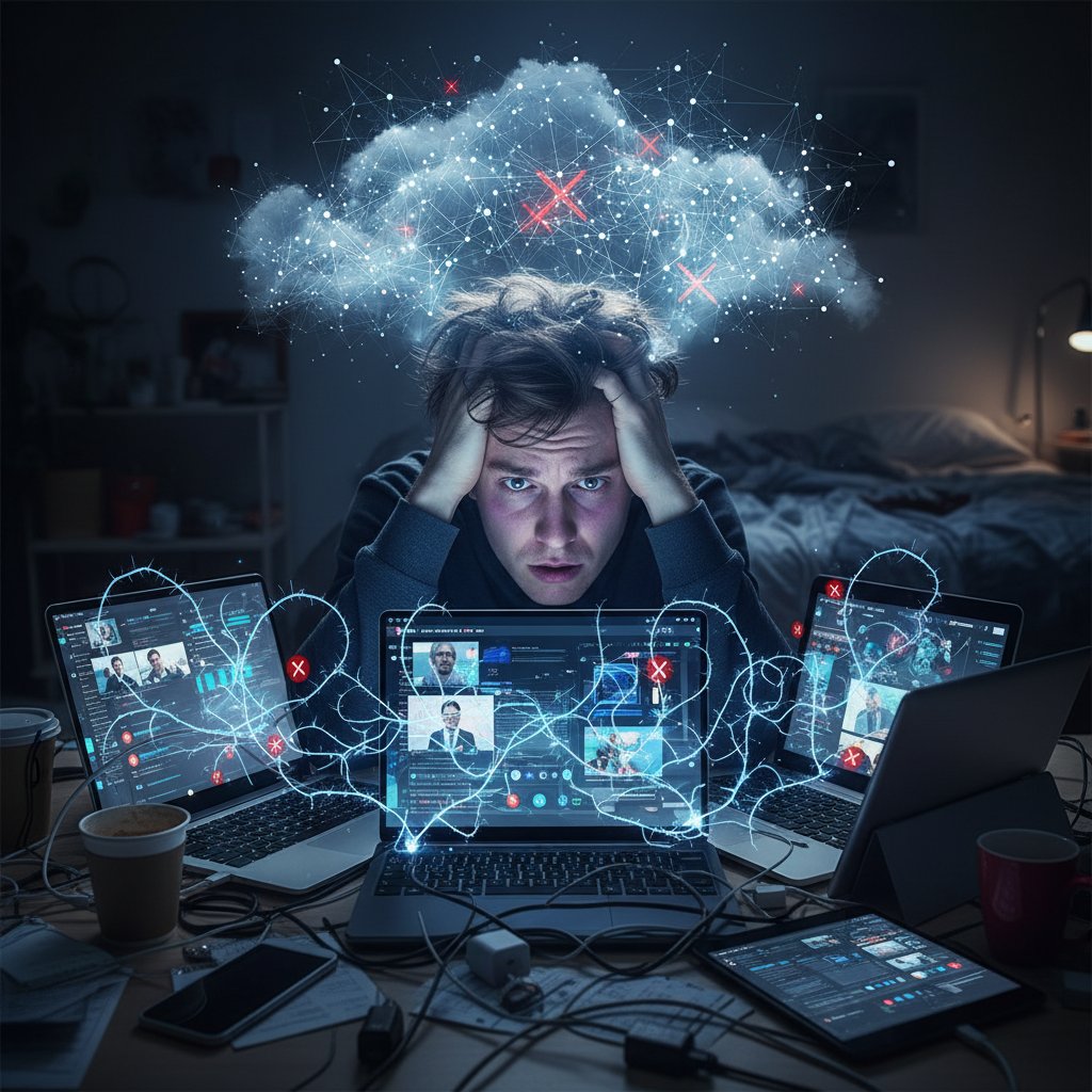 Zestresowana osoba otoczona cyfrową technologią, symbolizująca psychologiczne i społeczne koszty rozwoju AI