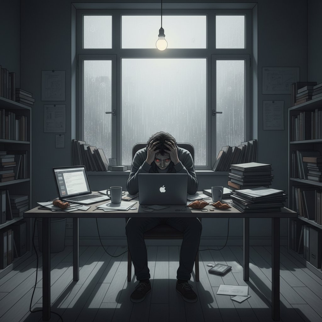 Zestresowana osoba przy komputerze w domowym biurze, biurko pełne papierów, ponure światło
