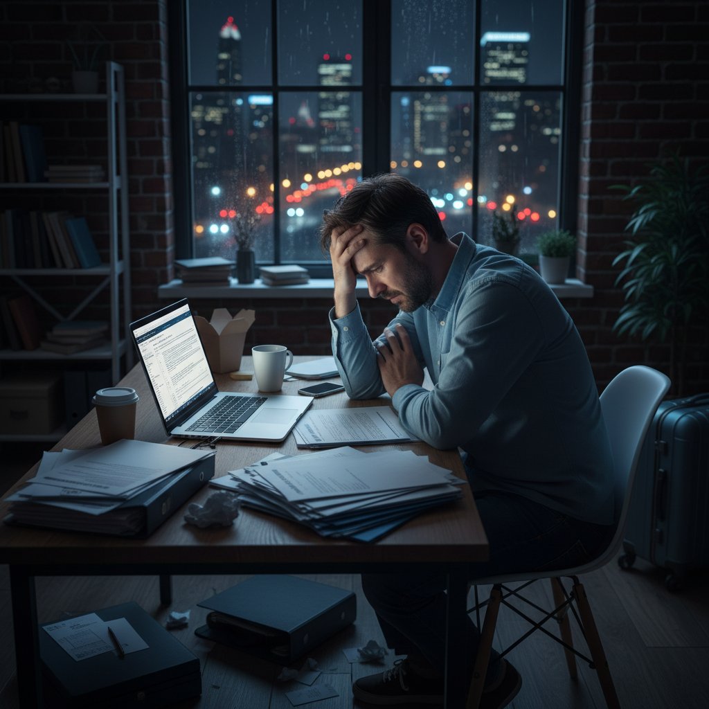 Osoba z napiętą twarzą przegląda dokumenty przy laptopie w nocnym świetle