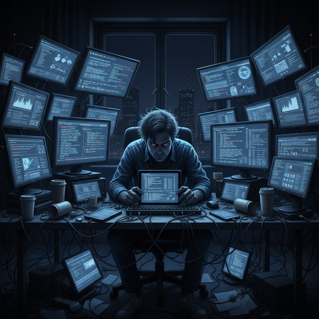 Osoba patrząca w ciemności na kilka jasnych ekranów, wyraźny stres i cyfrowy chaos