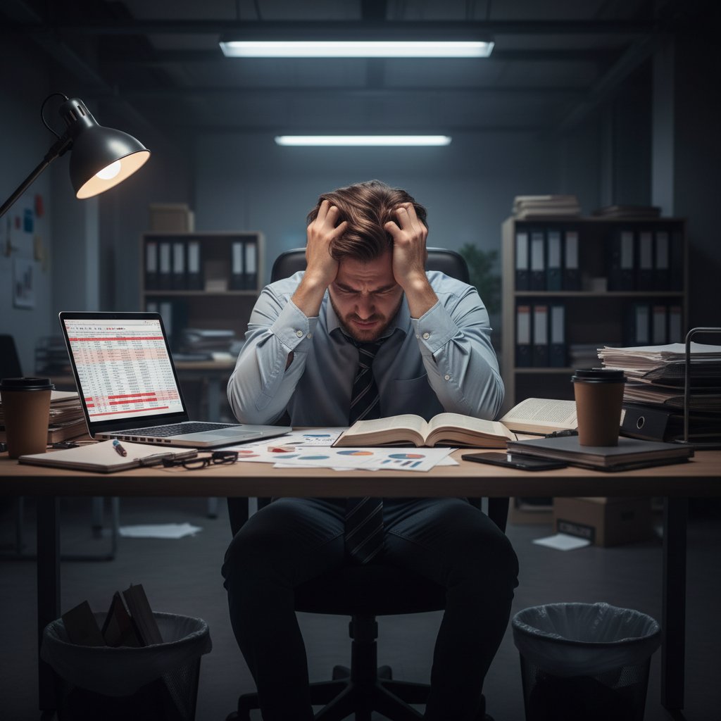 Zestresowana osoba w biurze trzymająca głowę w dłoniach