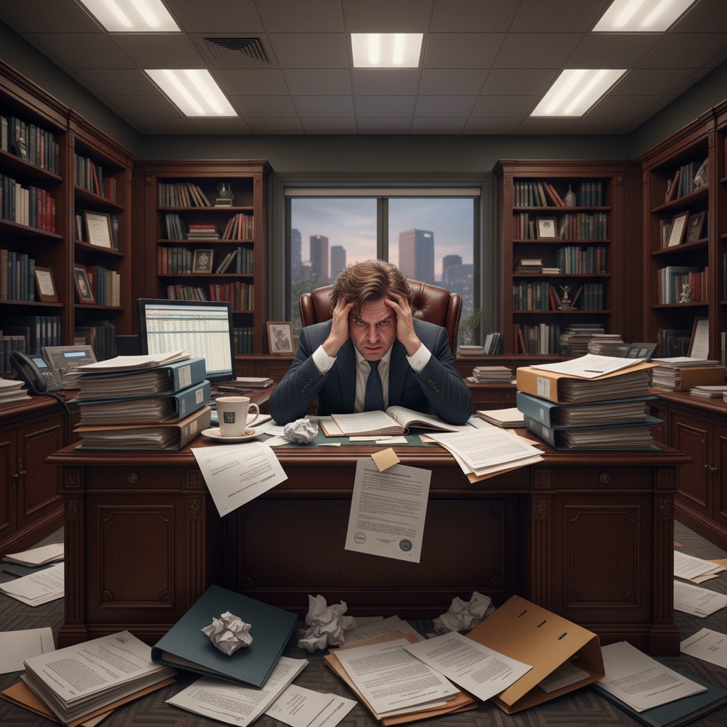 Zestresowana osoba trzymająca papiery, siedząca w urzędzie, wyraźne zmęczenie i frustracja