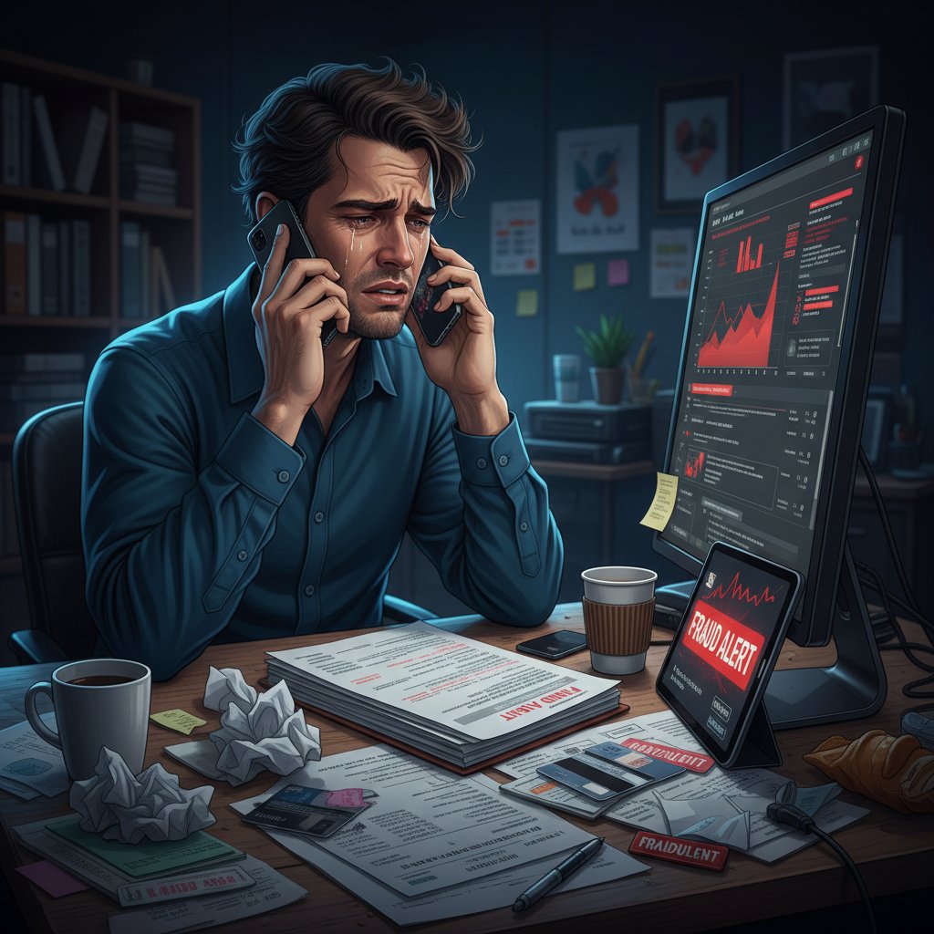 Zestresowana osoba rozmawia przez telefon przy komputerze, dokumenty rozsypane na biurku, półmrok, atmosfera napięcia