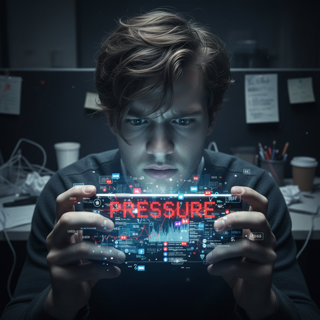 Osoba wpatrzona w ekran telefonu z wyraźnym napięciem, codzienny stres, presja cyfrowa