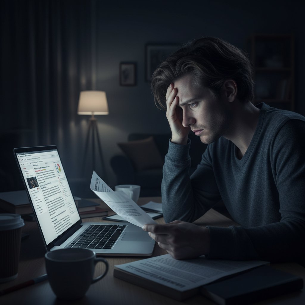 Osoba zestresowana po przeczytaniu niepokojącej diagnozy w Internecie, domowa sceneria, ciemne światło