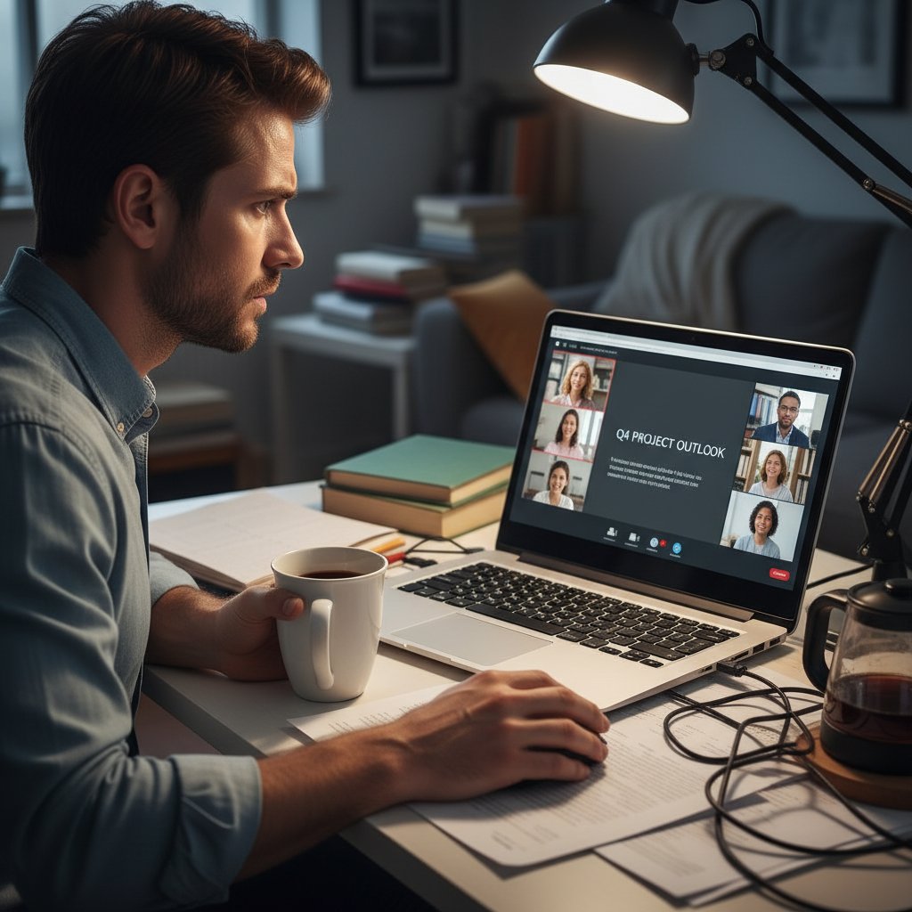 Osoba z zestresowaną miną przed komputerem podczas wirtualnej prezentacji