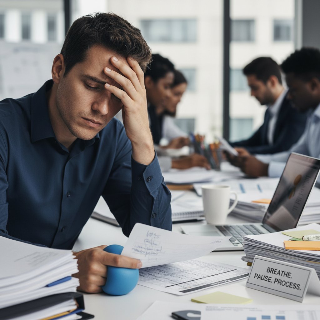 Osoba w silnym stresie w pracy, emocje na granicy wytrzymałości, słowo kluczowe regulacja emocji