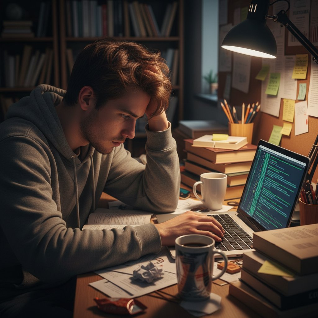 Stresujący doktorant z laptopem i notatkami, otoczony kawą, symbole kodu i nauki na ścianie, atmosfera napięcia i determinacji