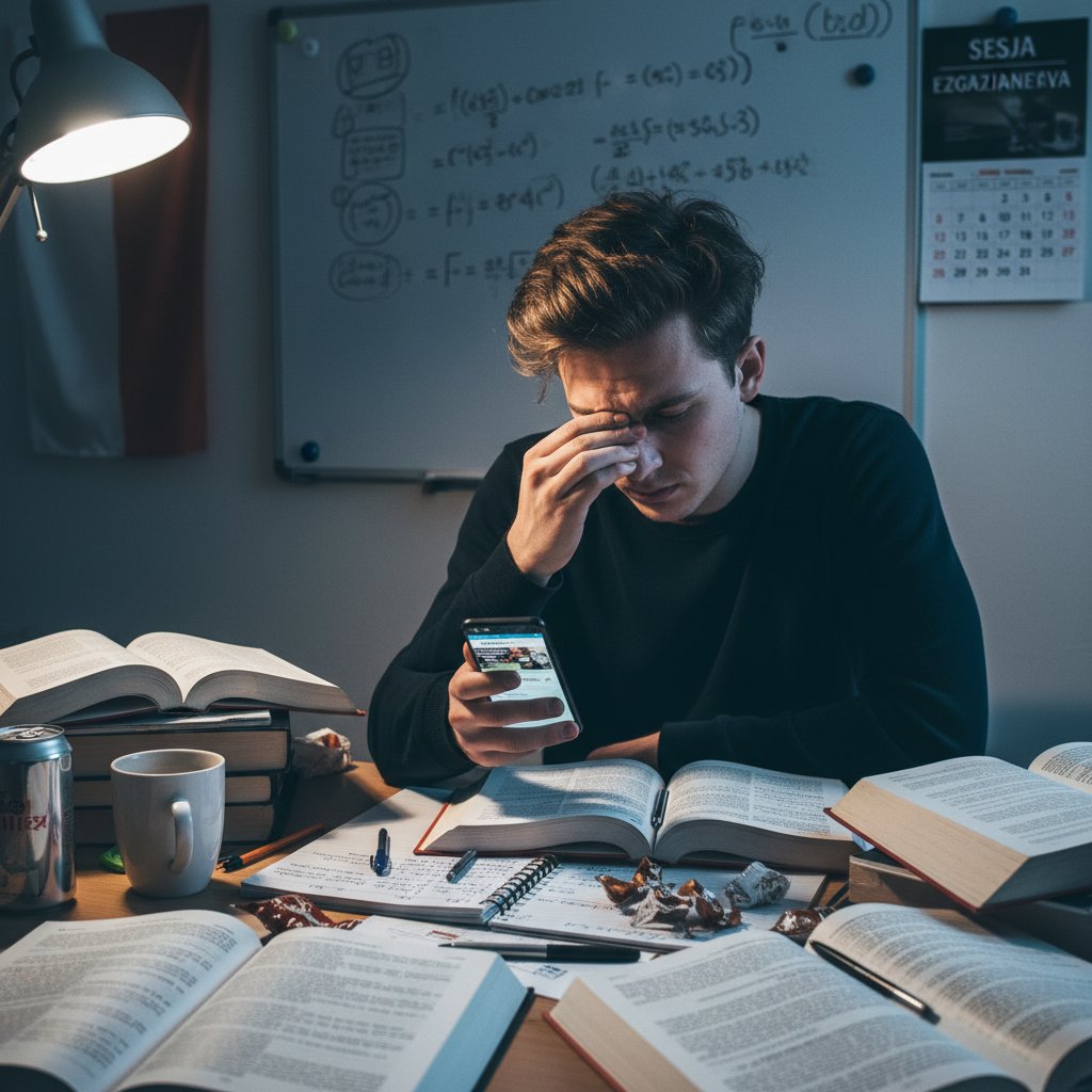 Fotografia zestresowanego maturzysty z książkami, notatkami i dyskretnie obecnym smartfonem