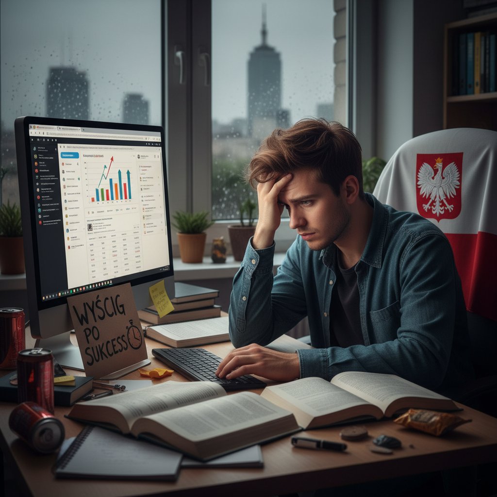 Presja na wyniki, uczeń zmartwiony przy komputerze, symbolizujący wyścig do sukcesu edukacyjnego