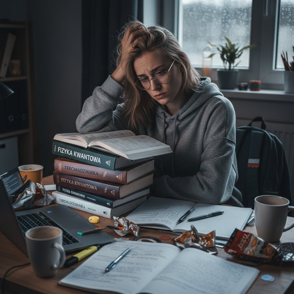 Stresujący dzień maturzysty, uczeń patrzy z niepokojem na stos podręczników
