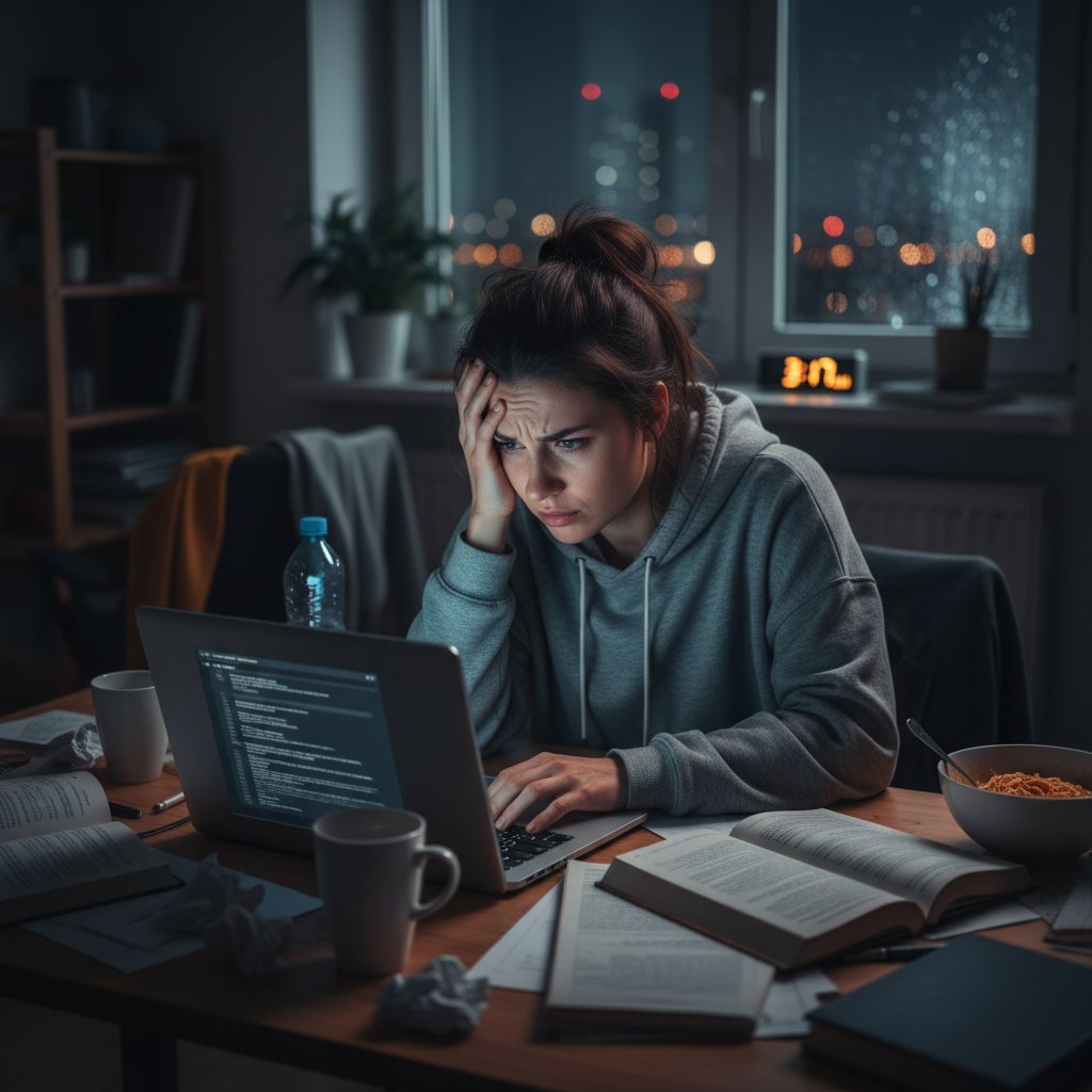 Zestresowana młoda Polka korzysta z laptopa wieczorem, promieniujące niebieskie światło, widoczny wyraz napięcia