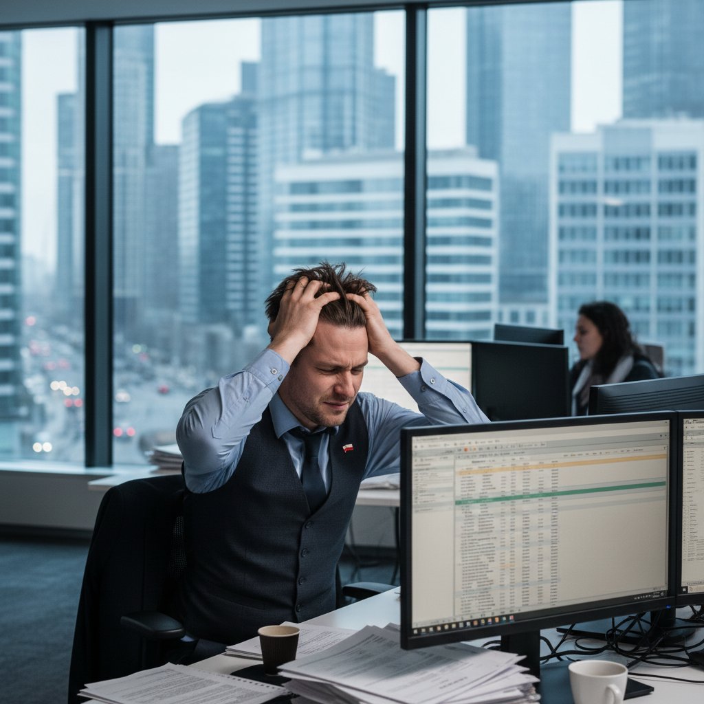Polski pracownik zestresowany w pracy, trzymający głowę w dłoniach