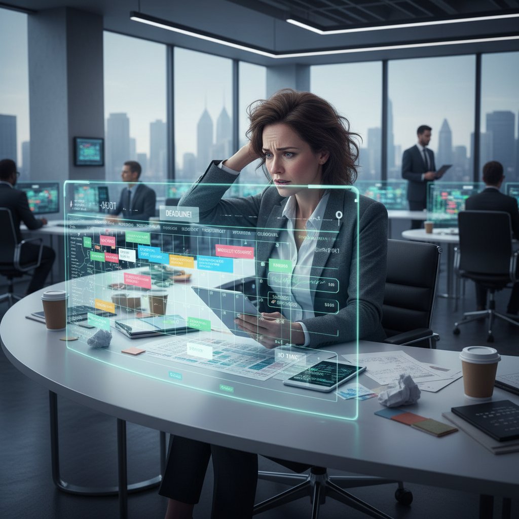A stressed professional overwhelmed by a digital calendar filled with overlapping events, symbolizing calendar chaos, in a modern office