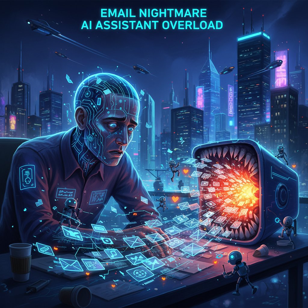 Stressed professional surrounded by overflowing inbox icons at night, AI avatar offers help, email management productivity tips