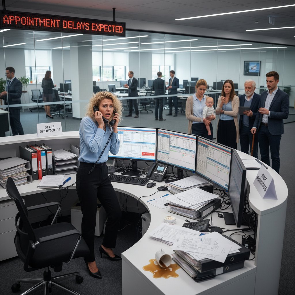 Zestresowana recepcjonistka pośród papierowych kalendarzy i ekranów komputerowych z chaosem wokół.