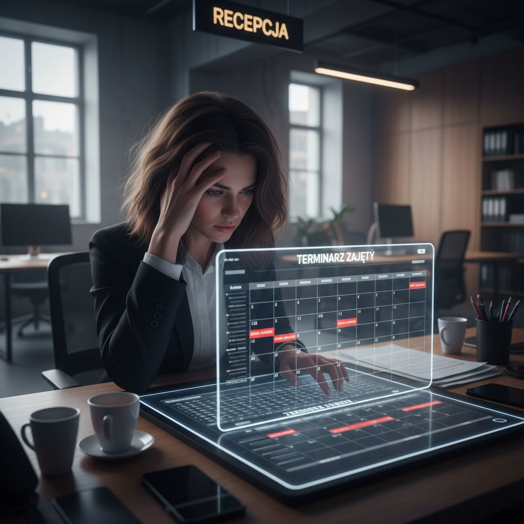 Stresująca recepcjonistka analizująca kalendarz wizyt w nowoczesnej recepcji