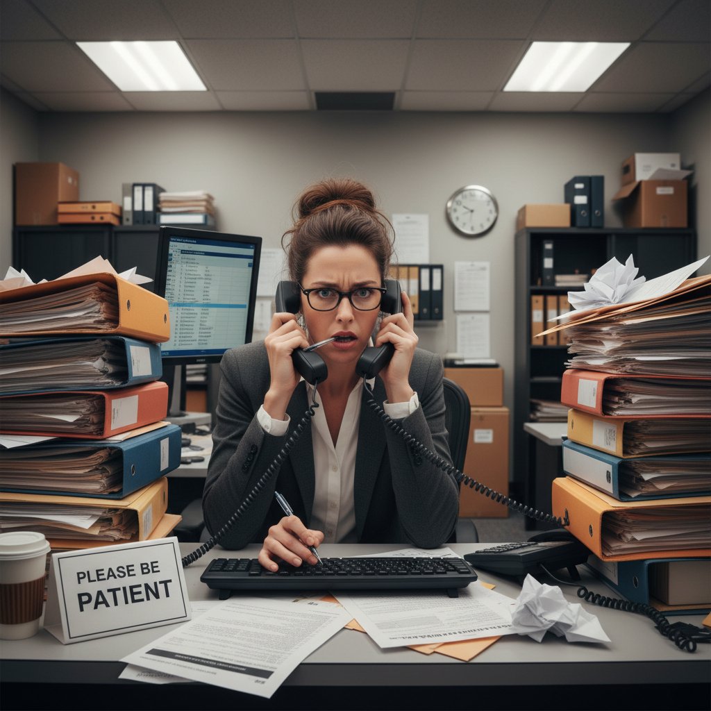 Recepcjonistka z telefonem i notatnikiem, zestresowana przez nadmiar obowiązków związanych z ręczną rejestracją