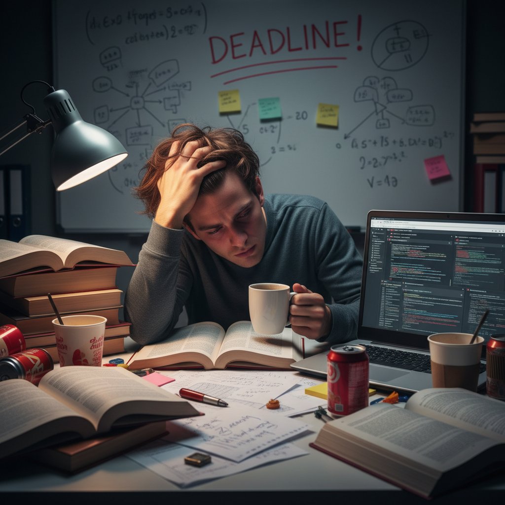 Frustrated academic overwhelmed by research materials and cluttered workspace