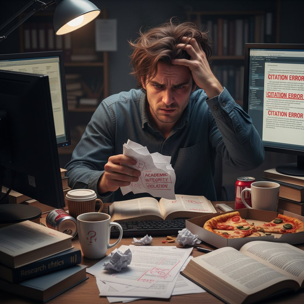 Stressed researcher reviewing a paper with citation errors marked in red, illustrating citation anxiety and the pressure of academic integrity