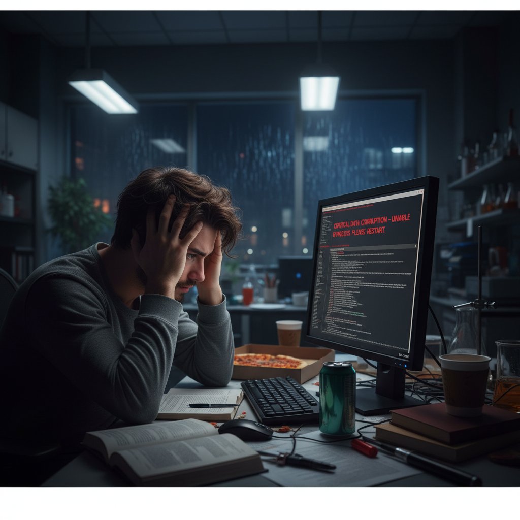 Desperate researcher staring at a computer screen in late-night lab, error in data highlighted in red