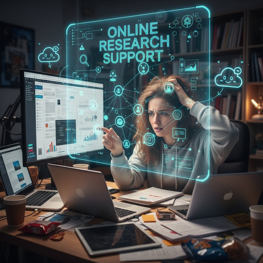 Stressed academic surrounded by glowing screens and open browser tabs, symbolizing digital overload from online research support