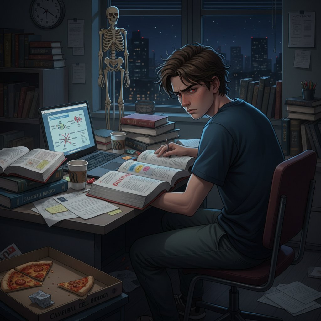 Stresujący maturzysta przy komputerze, książki do biologii, noc i ekran laptopa – biologia matura online