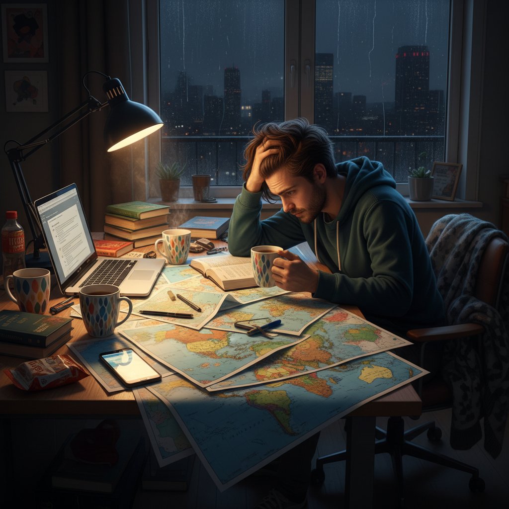 Zmęczony uczeń nocą nad mapą i notatkami, przygotowanie do matury z geografii