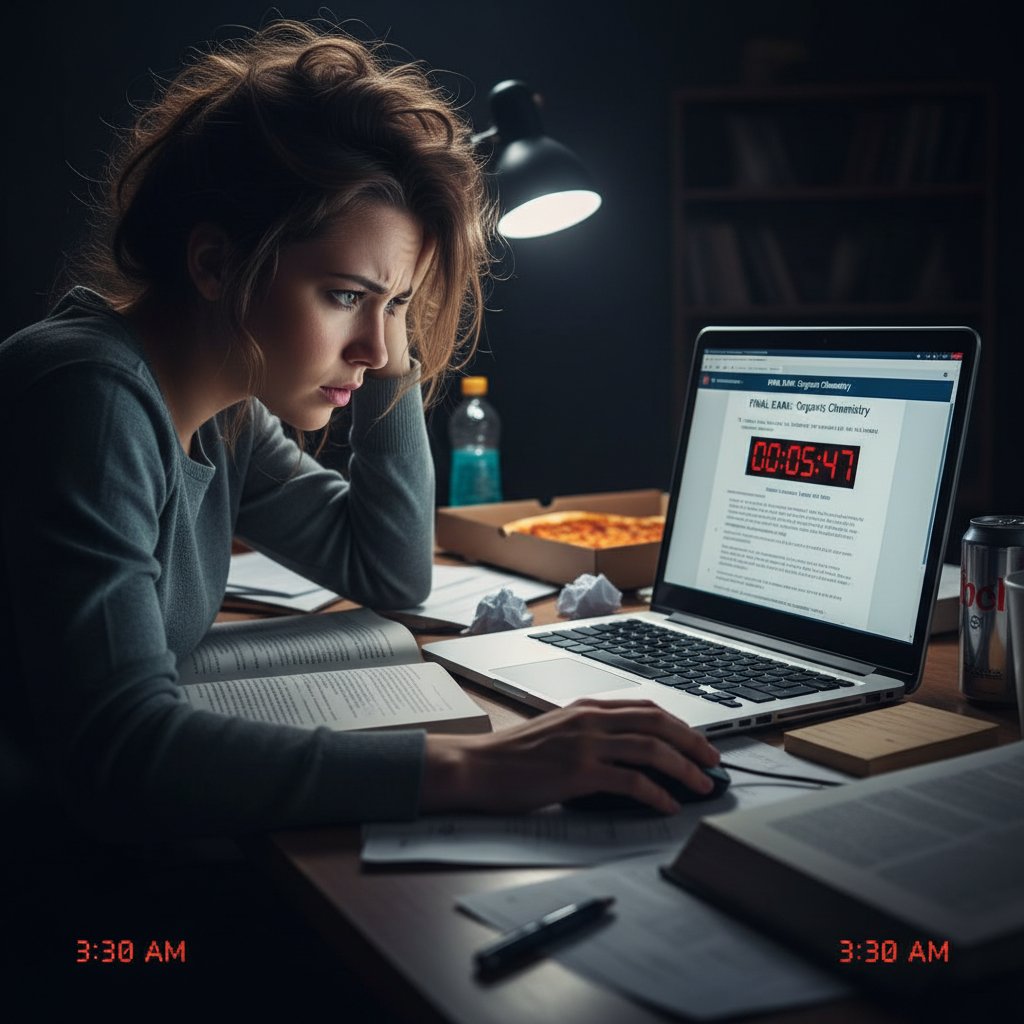 Student zestresowany przy komputerze podczas egzaminu online