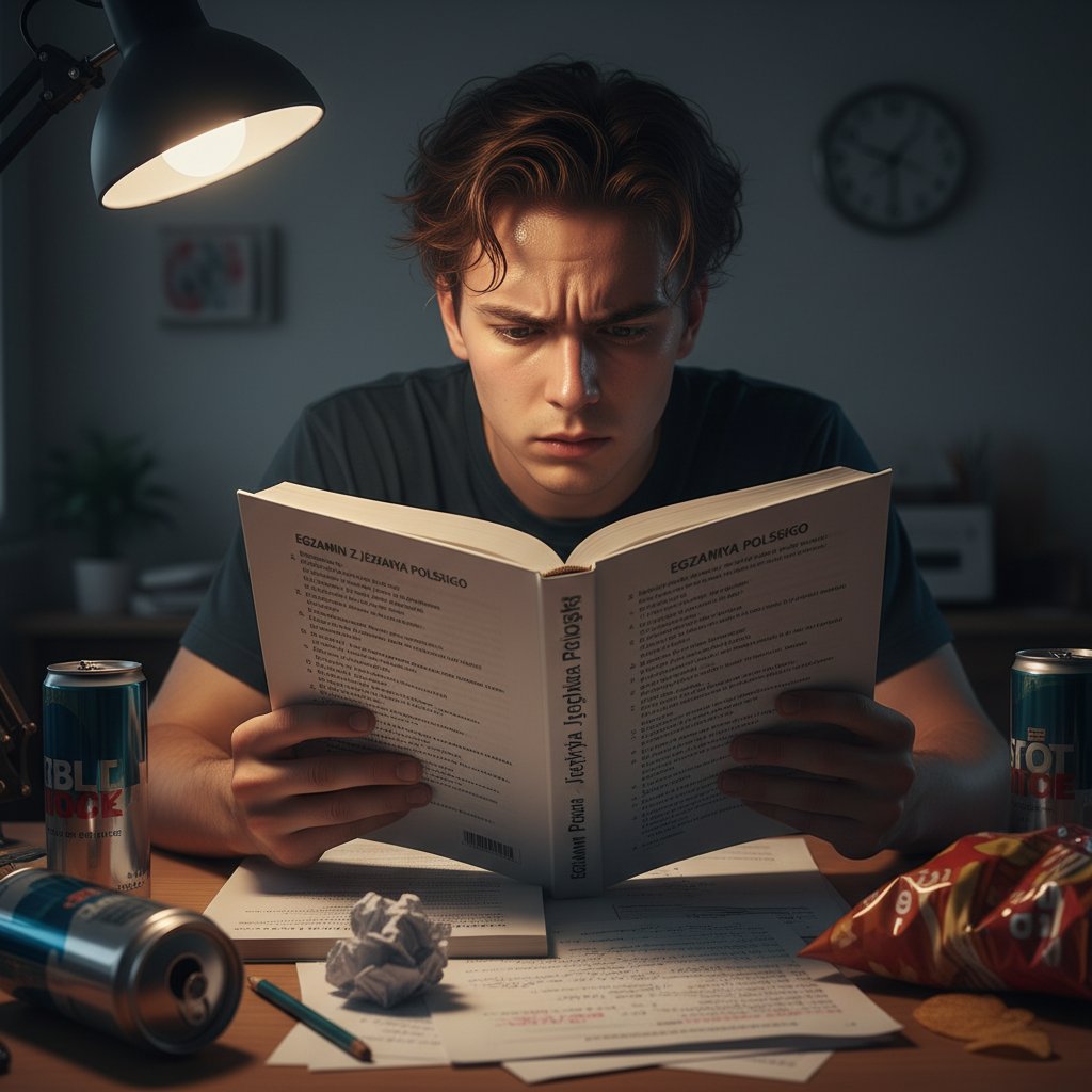 Uczeń zestresowany podczas sprawdzianu z języka polskiego, głowa oparta na rękach, kartkówka na ławce