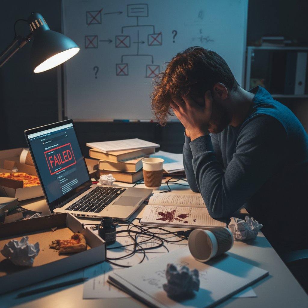 Zestresowany uczeń patrzący na ekran laptopa podczas nieudanej lekcji online, chaos na biurku