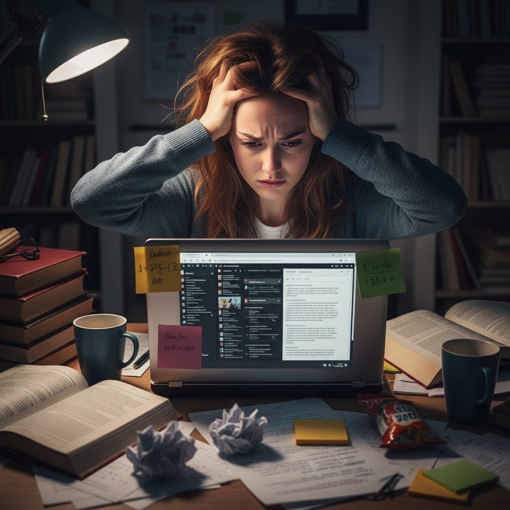 Stresujący się uczeń, ściska głowę w dłoniach, laptop i notatki – psychologia nauki, szybka reakcja