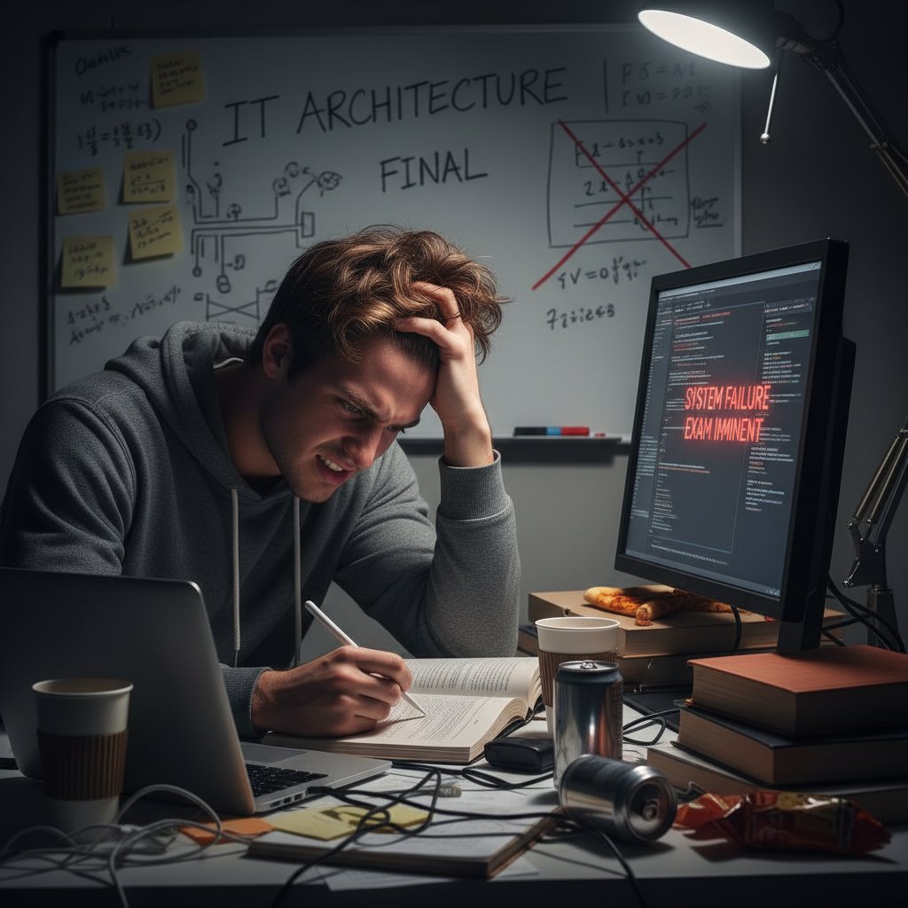 Zdenerwowany uczeń informatyki przygotowujący się do egzaminu praktycznego