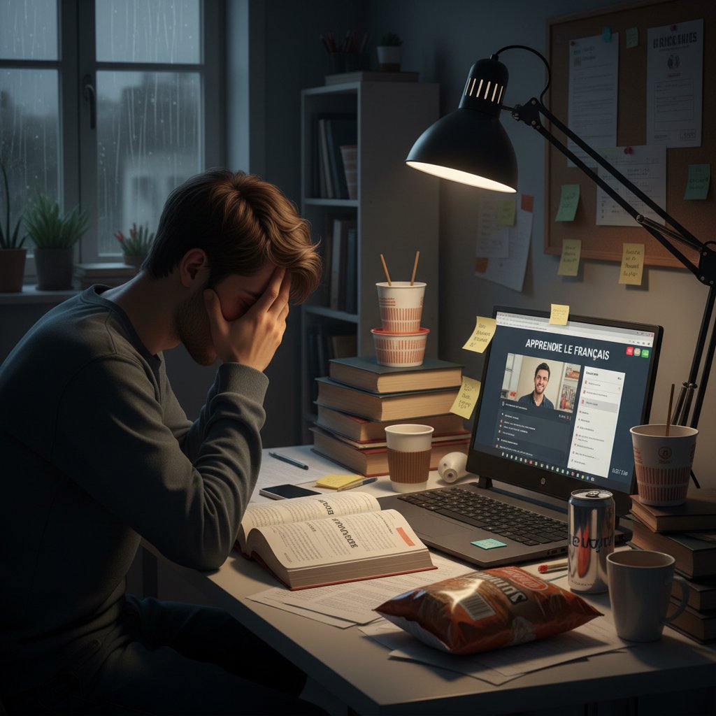 Zestresowany uczeń, późna noc, brak motywacji do nauki francuskiego online