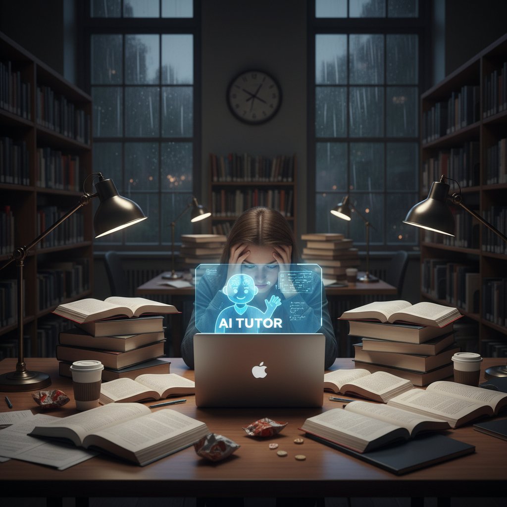 Stresujący student w bibliotece, noc, laptop i książki – korepetycje studia podyplomowe