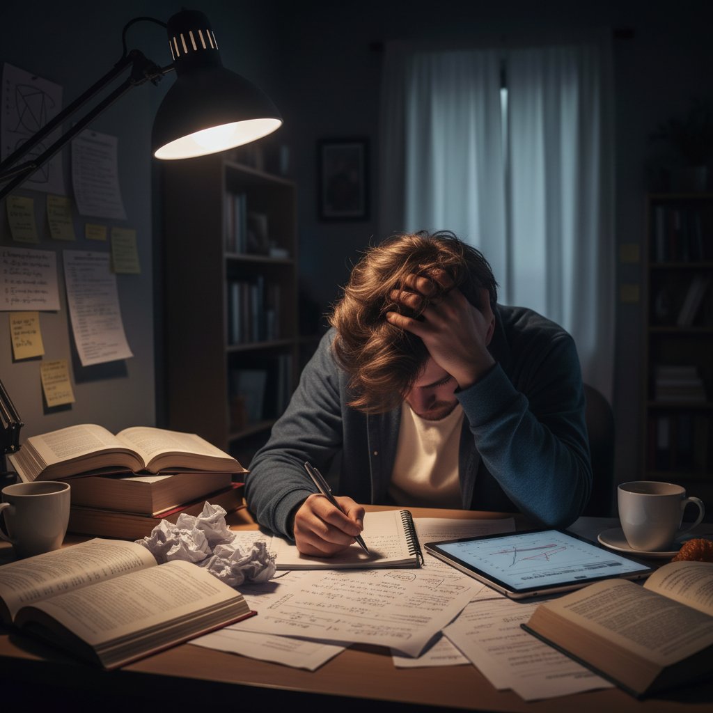 Zestresowana uczennica podczas nauki matematyki, dużo notatek i ciemna atmosfera