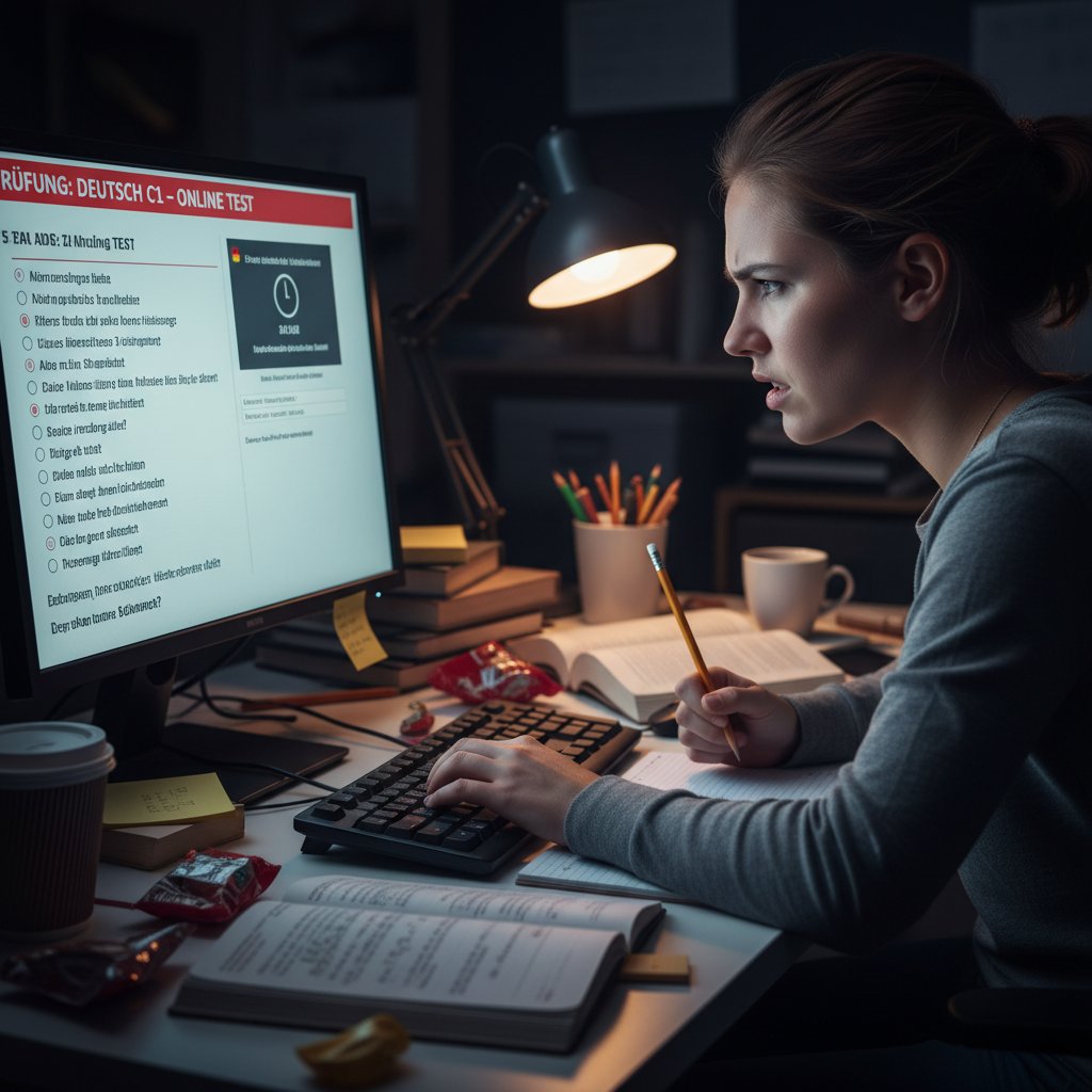 Zestresowany student rozwiązuje test niemiecki online, światło monitora podkreśla napięcie