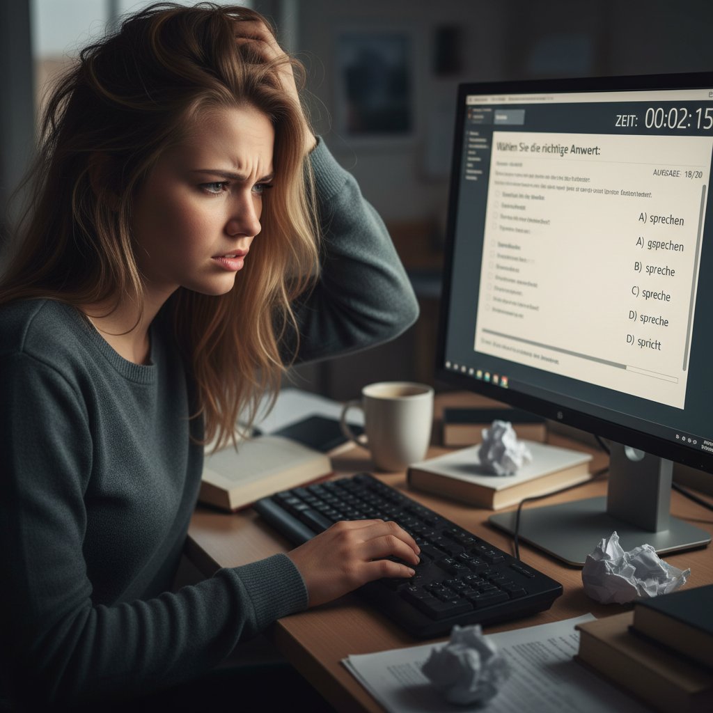 Student siedzi przy komputerze, zestresowany próbując zdążyć na czas z testem językowym online