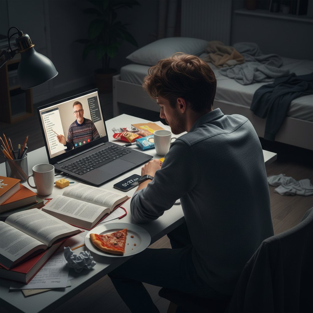 Zmęczony uczeń podczas nocnej lekcji online przed TestDaF, z widocznym stresem na twarzy