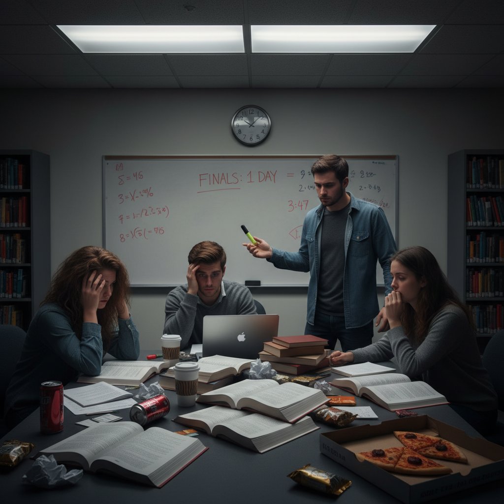 Nocna nauka do matury w kawiarni, stres i presja egzaminu na twarzach uczniów