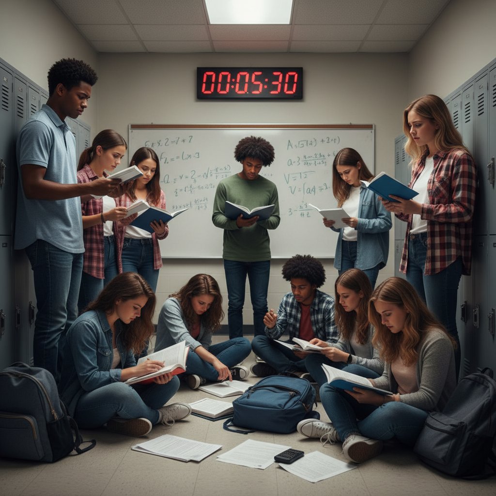 Stresujący egzamin z matematyki – uczniowie stoją w szkolnym korytarzu, niepewni przed wejściem na test, matematyka