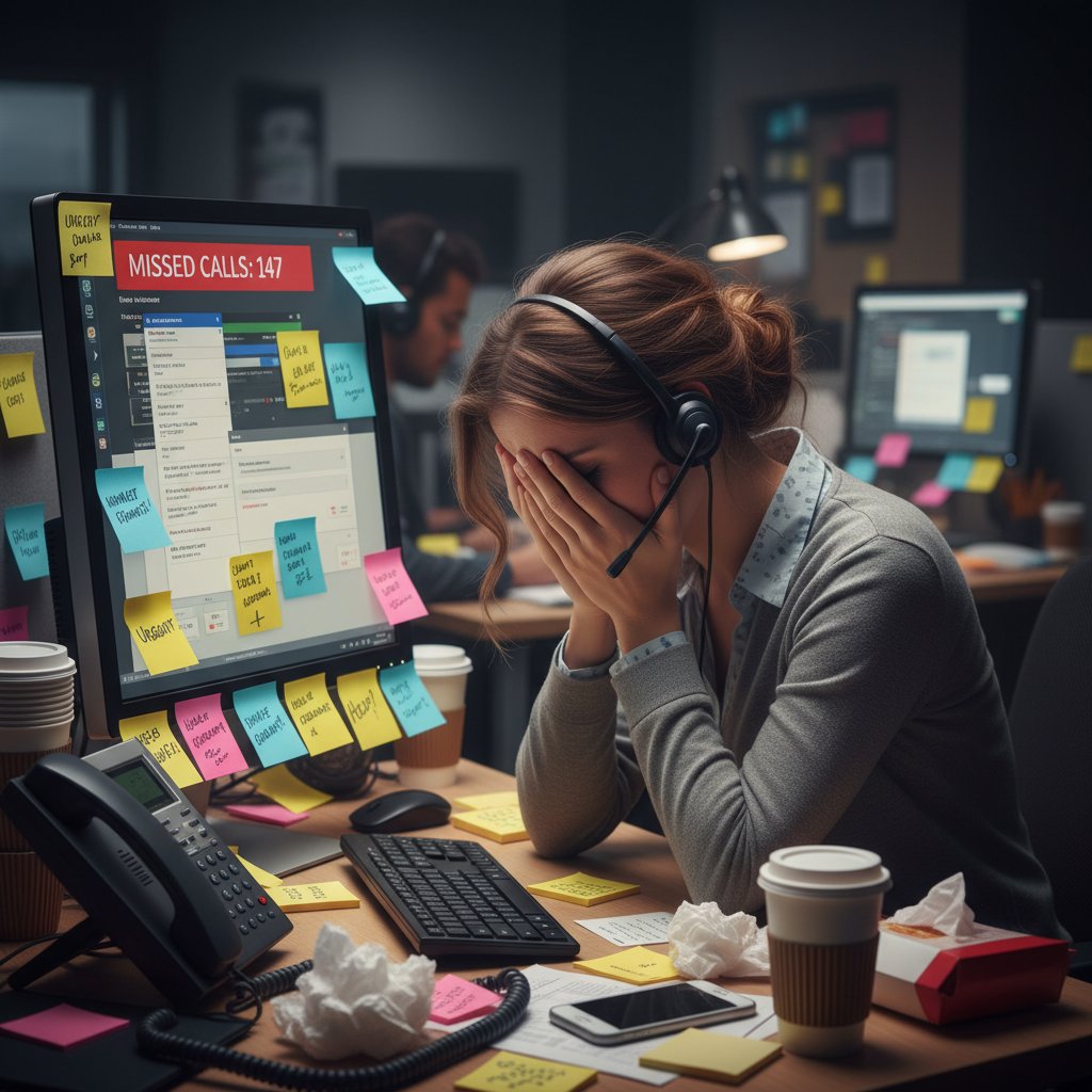 Photo of a stressed support agent with sticky notes and missed calls, illustrating human error in customer communications