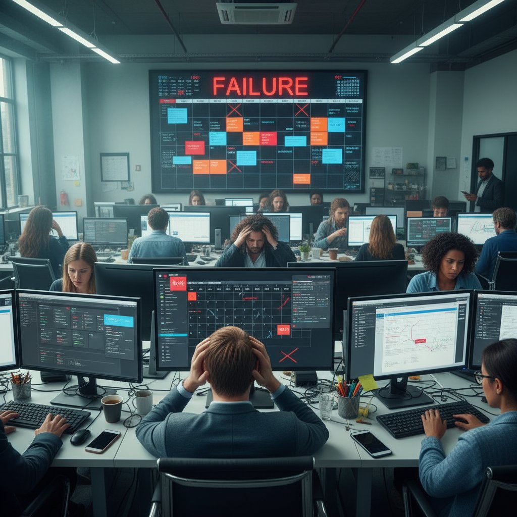 Stressed team surrounded by multiple devices and notification overload in a dimly lit office, showing impact of calendar chaos