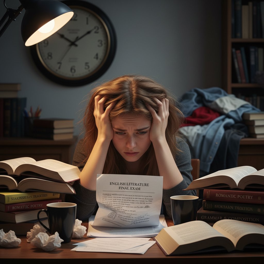 Stresujący nastolatek przy biurku przygotowujący się do matury z angielskiego, otoczony podręcznikami i zegarem