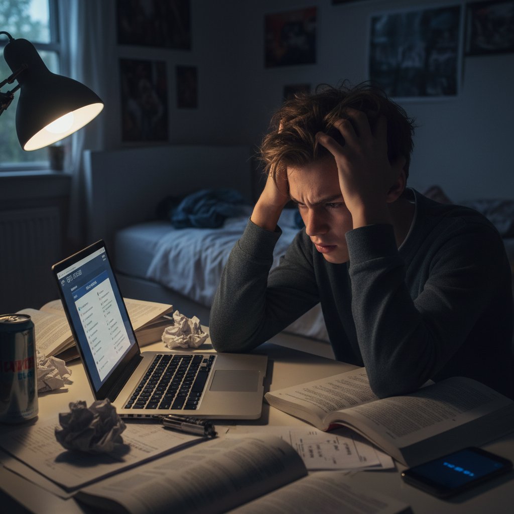 Zdenerwowany uczeń przygotowujący się do matury z angielskiego przy komputerze w ciemnym pokoju, otoczony książkami i notatkami