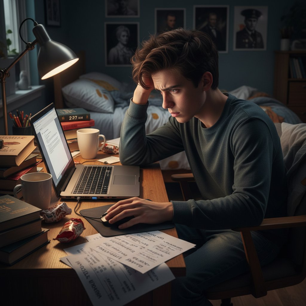 Zestresowany maturzysta z rozrzuconymi notatkami, przygotowujący się do matury z historii online